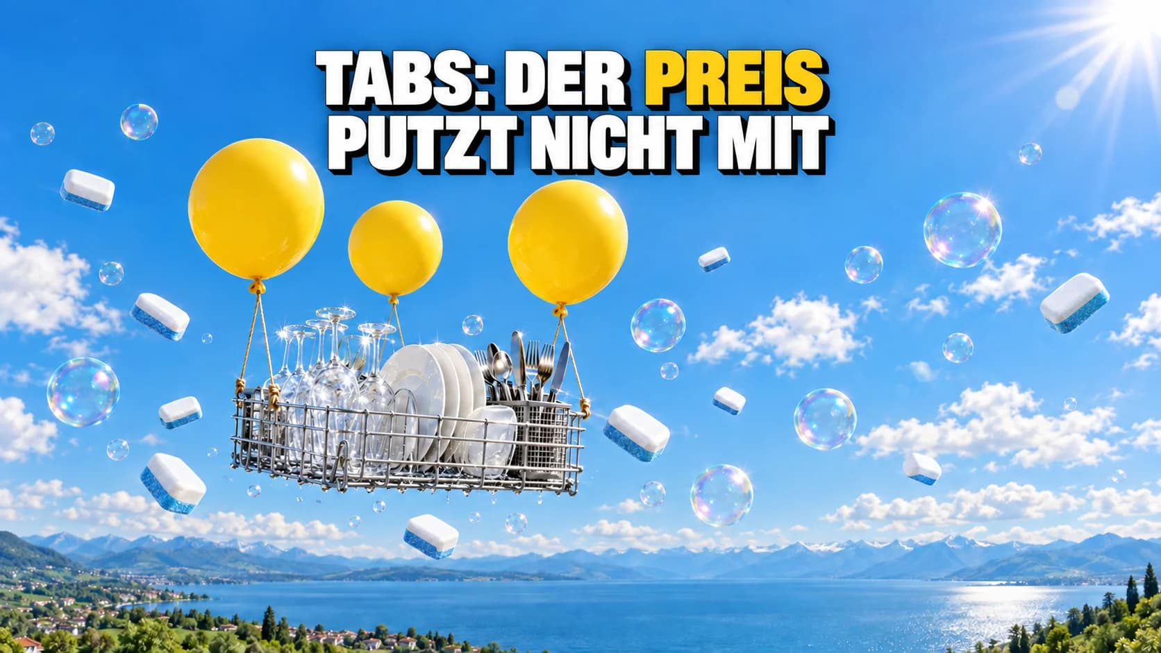 Ein Geschirrkorb mit glänzenden Gläsern schwebt an gelben Ballons, Tabs treiben daneben