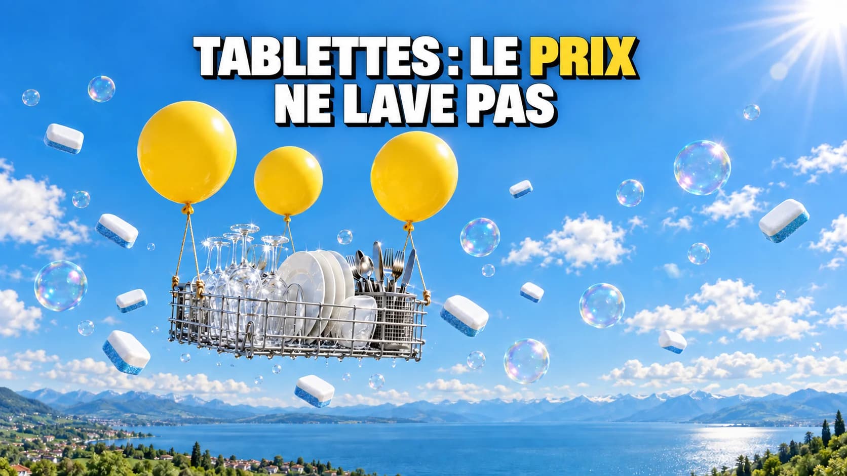 Un panier de verres étincelants s’envole sous des ballons jaunes, des tablettes flottent autour