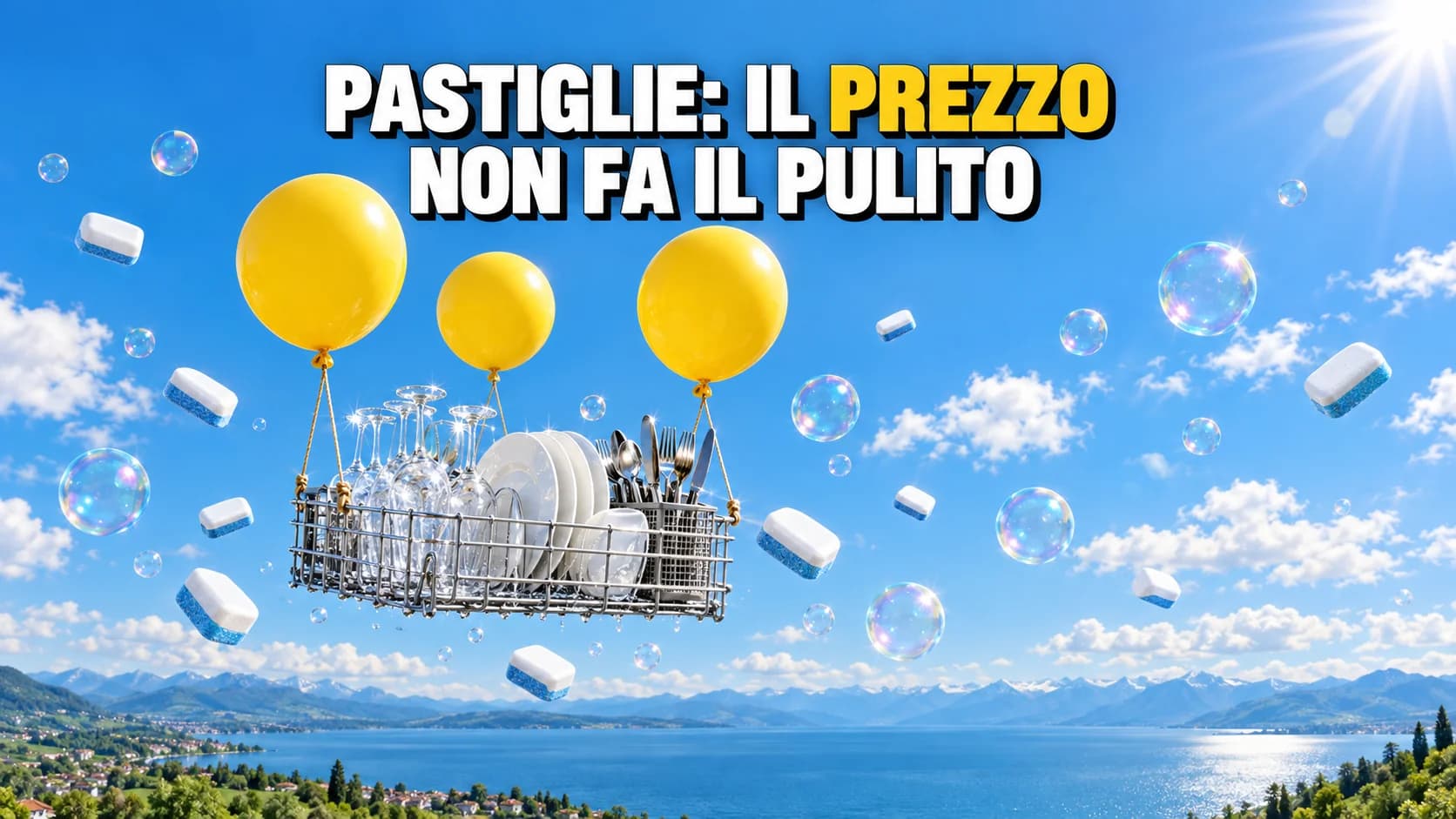 Un cestello di bicchieri lucidi vola in cielo con palloncini gialli e pastiglie che galleggiano intorno