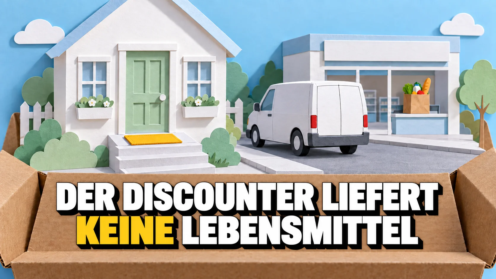 Papier-Pop-up mit Haus, leerer gelber Fussmatte und neutralem Lieferwagen.