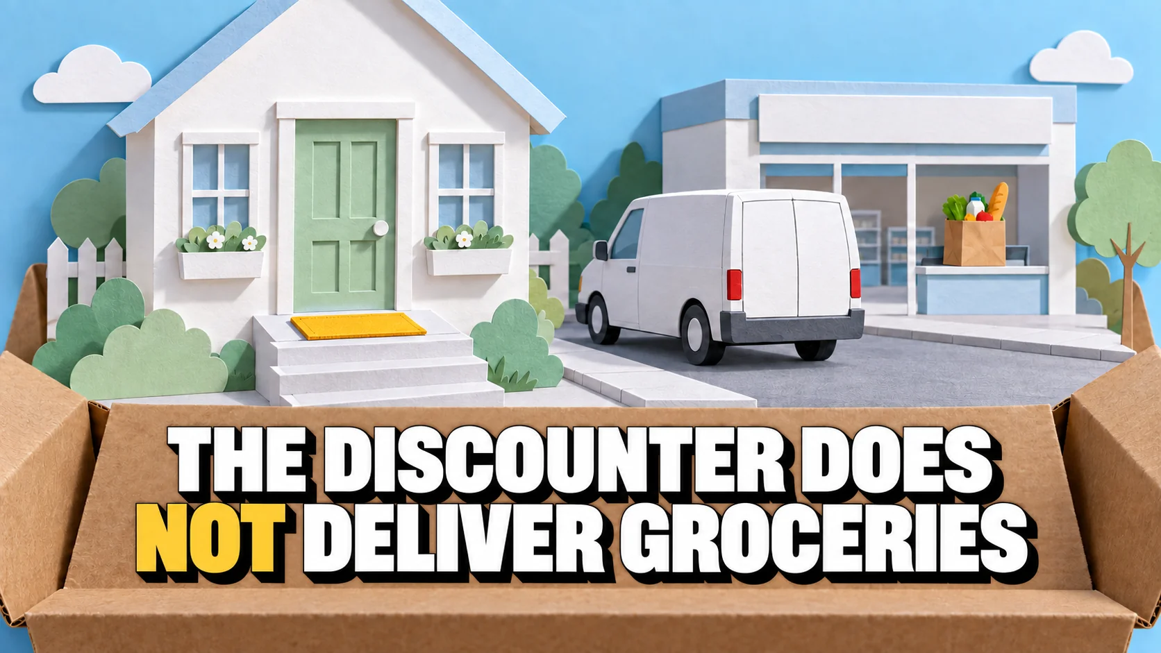 Paper pop-up with a house, empty yellow doormat and unbranded delivery van.