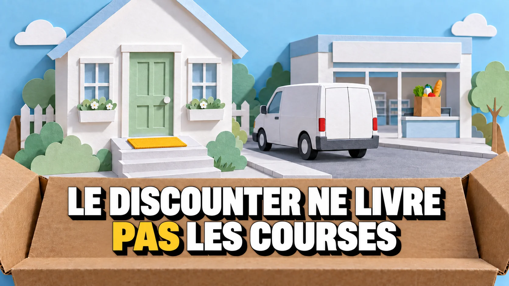 Pop-up en papier avec une maison, un paillasson jaune vide et une camionnette neutre.