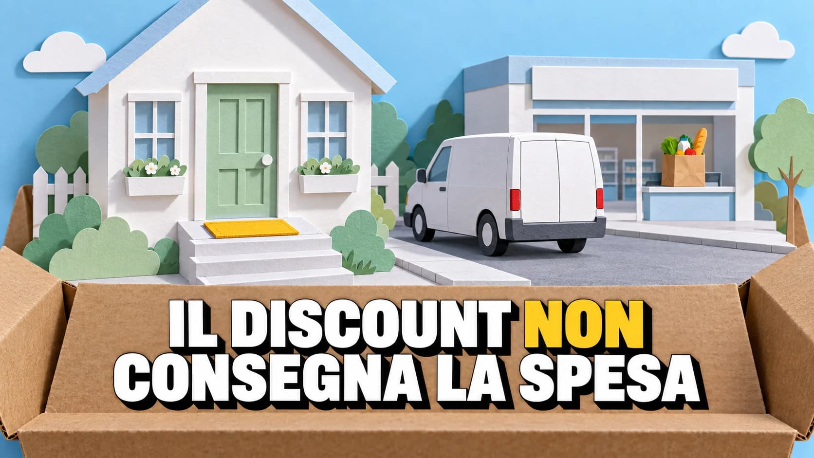 Scena pop-up di carta con una casa, uno zerbino giallo vuoto e un furgoncino di carta con le porte chiuse
