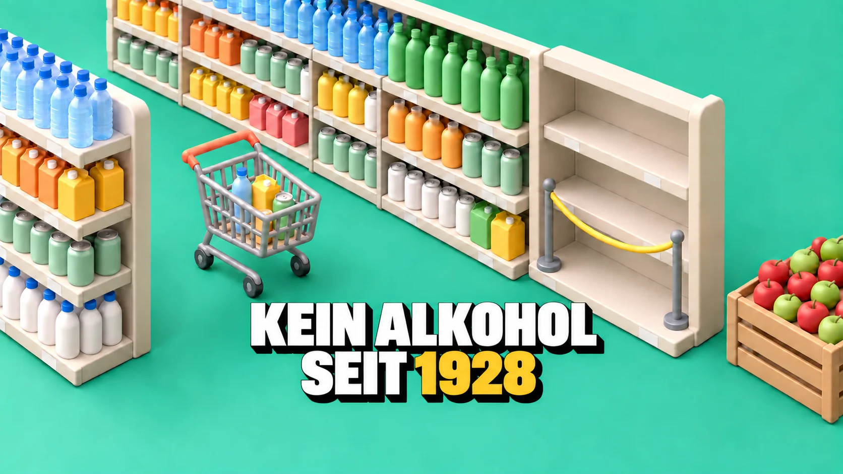 Knet-Diorama eines Getränkegangs mit leerem letztem Regal und gelber Absperrschnur.
