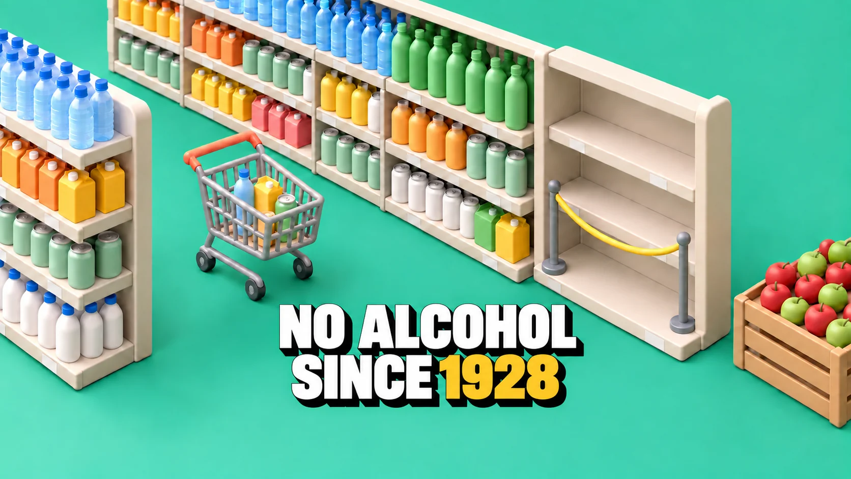Clay drinks-aisle diorama with an empty final shelf and yellow cord barrier.