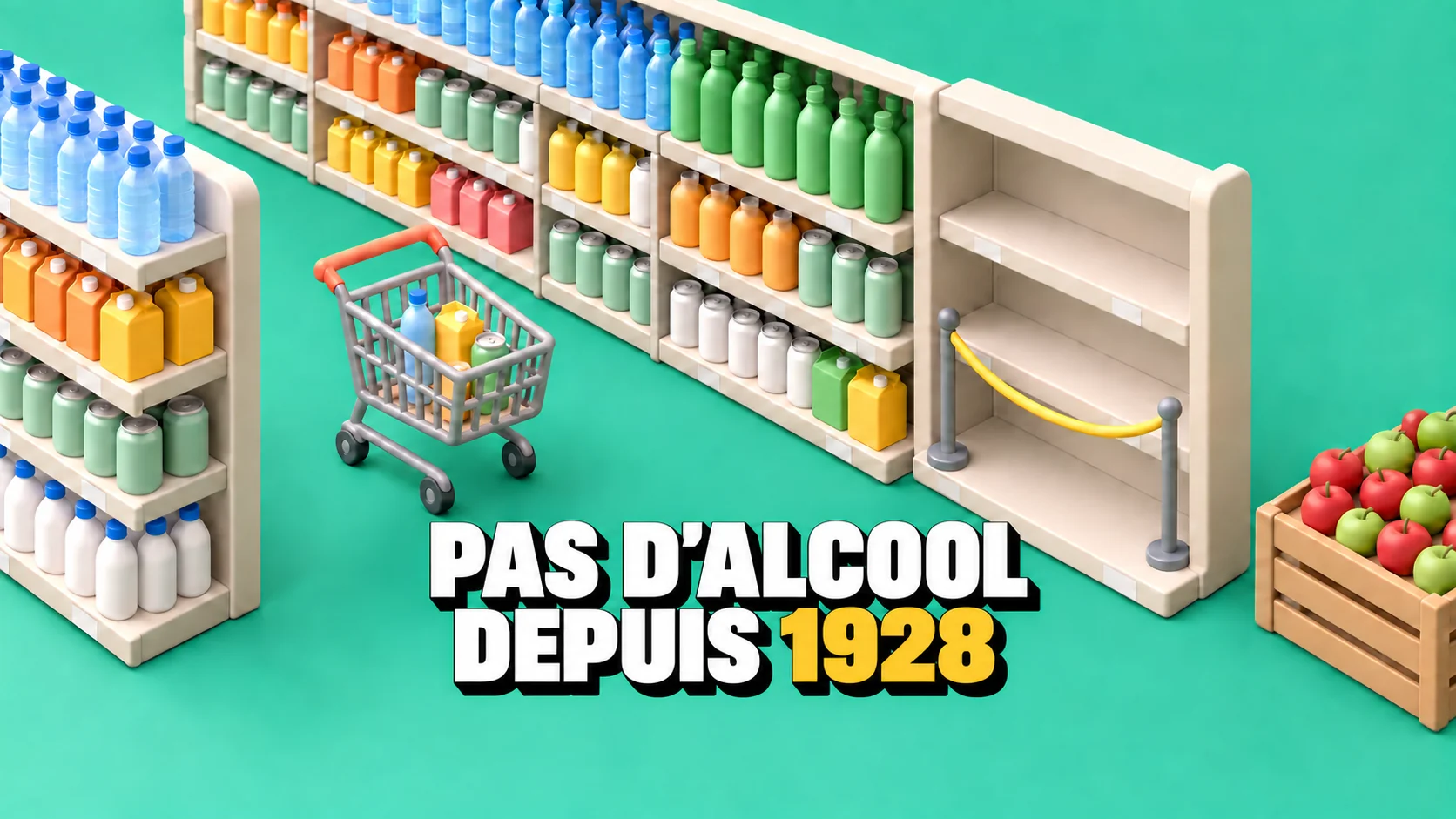 Diorama d’une allée de boissons avec dernier rayon vide et cordon jaune.