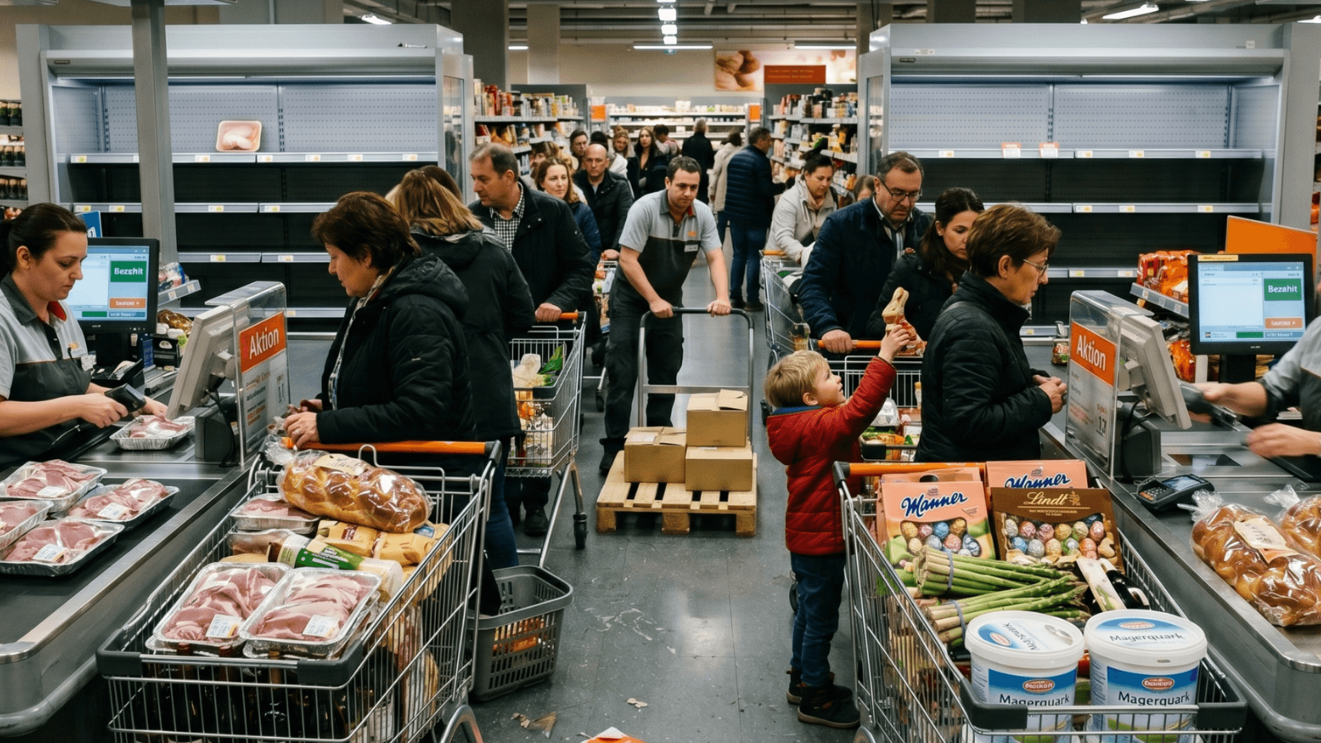 Scena spesa pasquale svizzera con cosciotto d'agnello, ovetti di cioccolato, colomba pasquale e insegna Migros di stazione