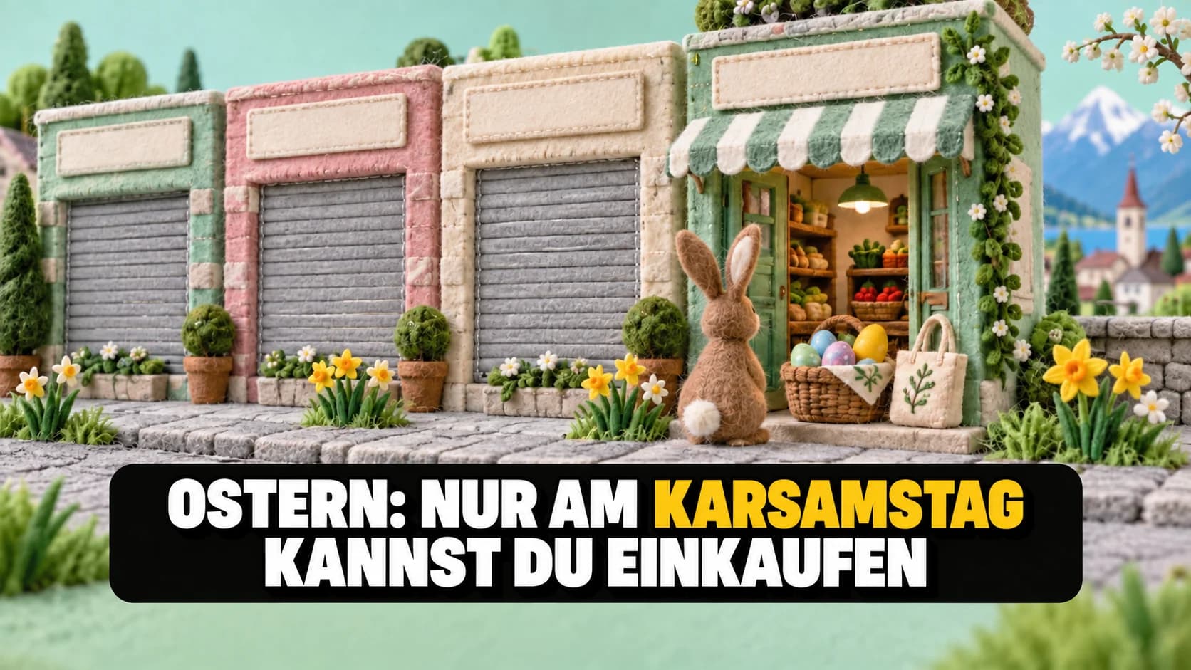 Vier Filzläden, drei geschlossen und einer offen, mit Filzhase und Eierkorb.