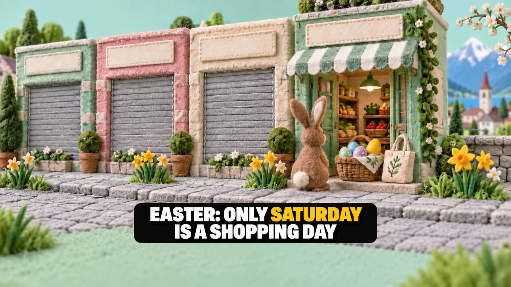 Four felt shops, three closed and one open, with a felt rabbit and egg basket.