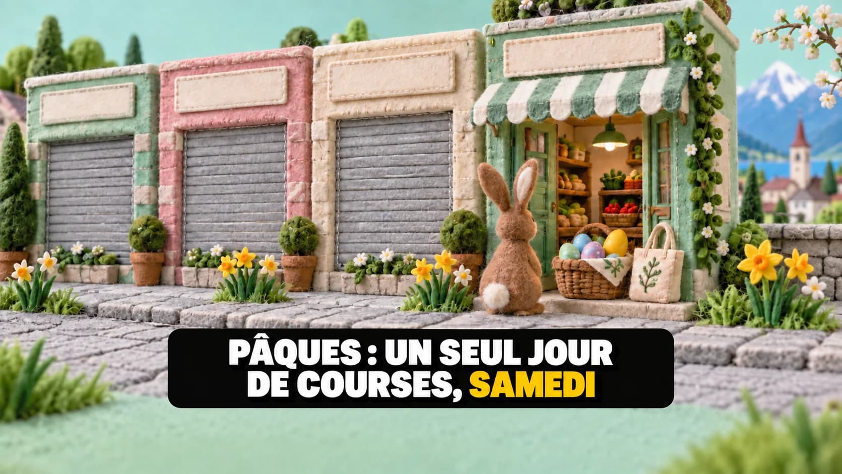 Quatre boutiques en feutre, trois fermées et une ouverte, avec lapin et panier d’œufs.