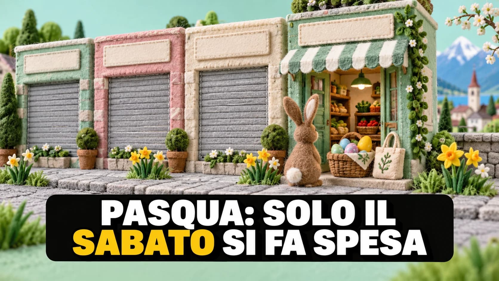 Scena in feltro con quattro negozietti: tre con la saracinesca abbassata e uno aperto con una lepre di feltro e un cesto di uova