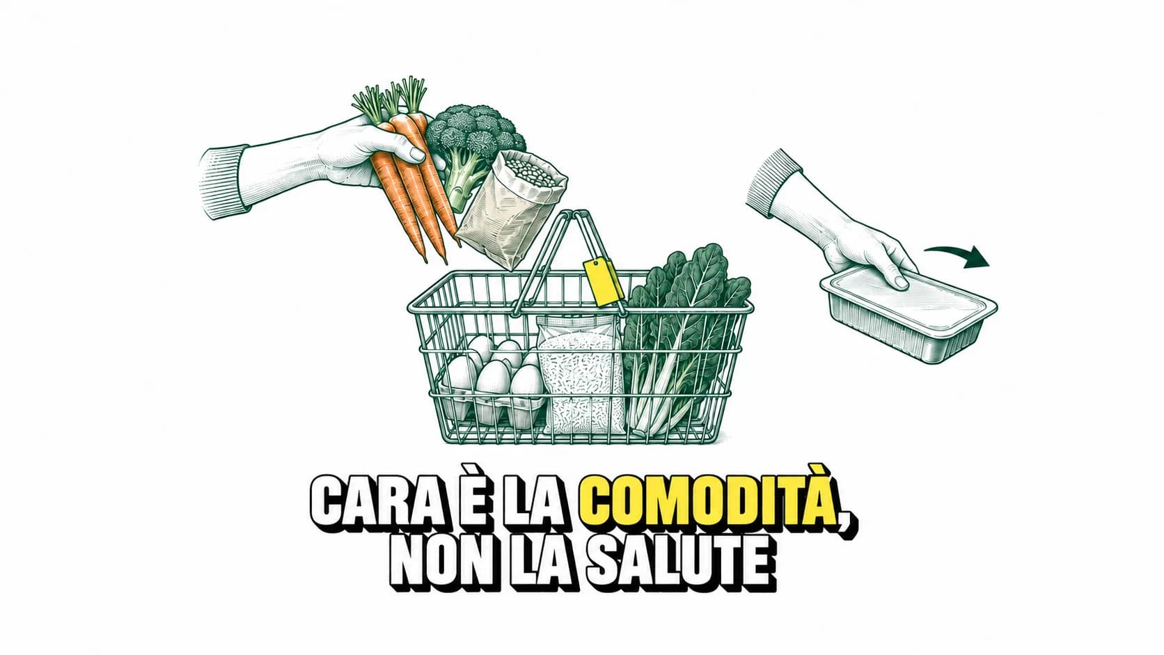 Disegno tecnico di alimenti e preparazioni su fondo bianco.