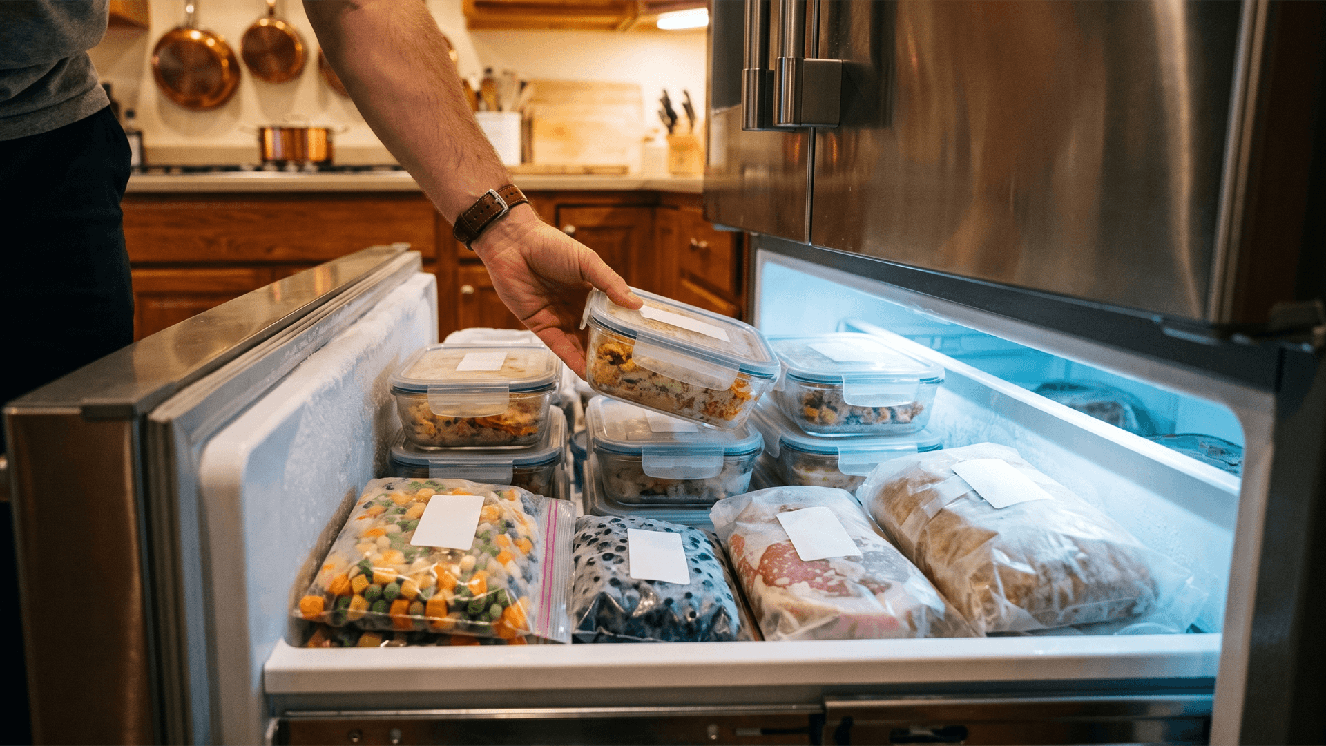 Labelled freezer bags of chicken, berries and bread in a Swiss chest freezer
