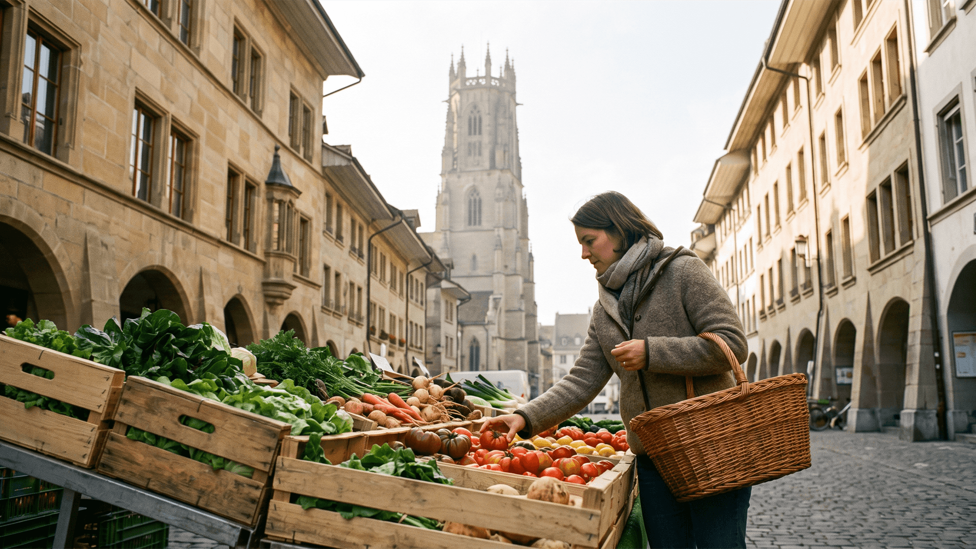 Producers' market on Place Georges-Python in Fribourg with fruit and vegetable stalls.