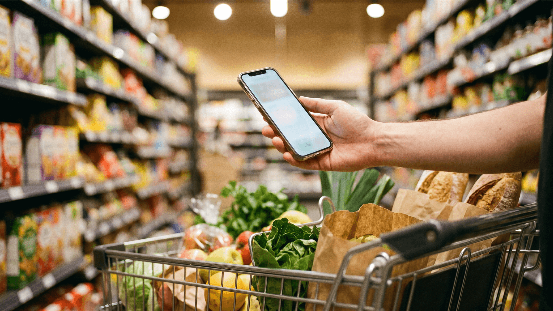 Two hands holding a phone with a shared shopping list, a second phone and a handwritten shopping note beside it on a Swiss kitchen table.