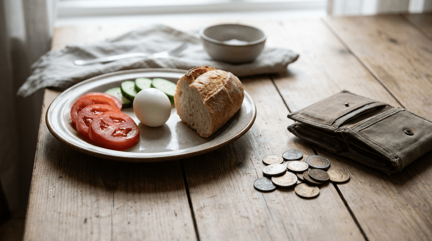 Plate of fresh food beside coins and a wallet: what percentage of income goes to food in Switzerland, measured with Rappn.