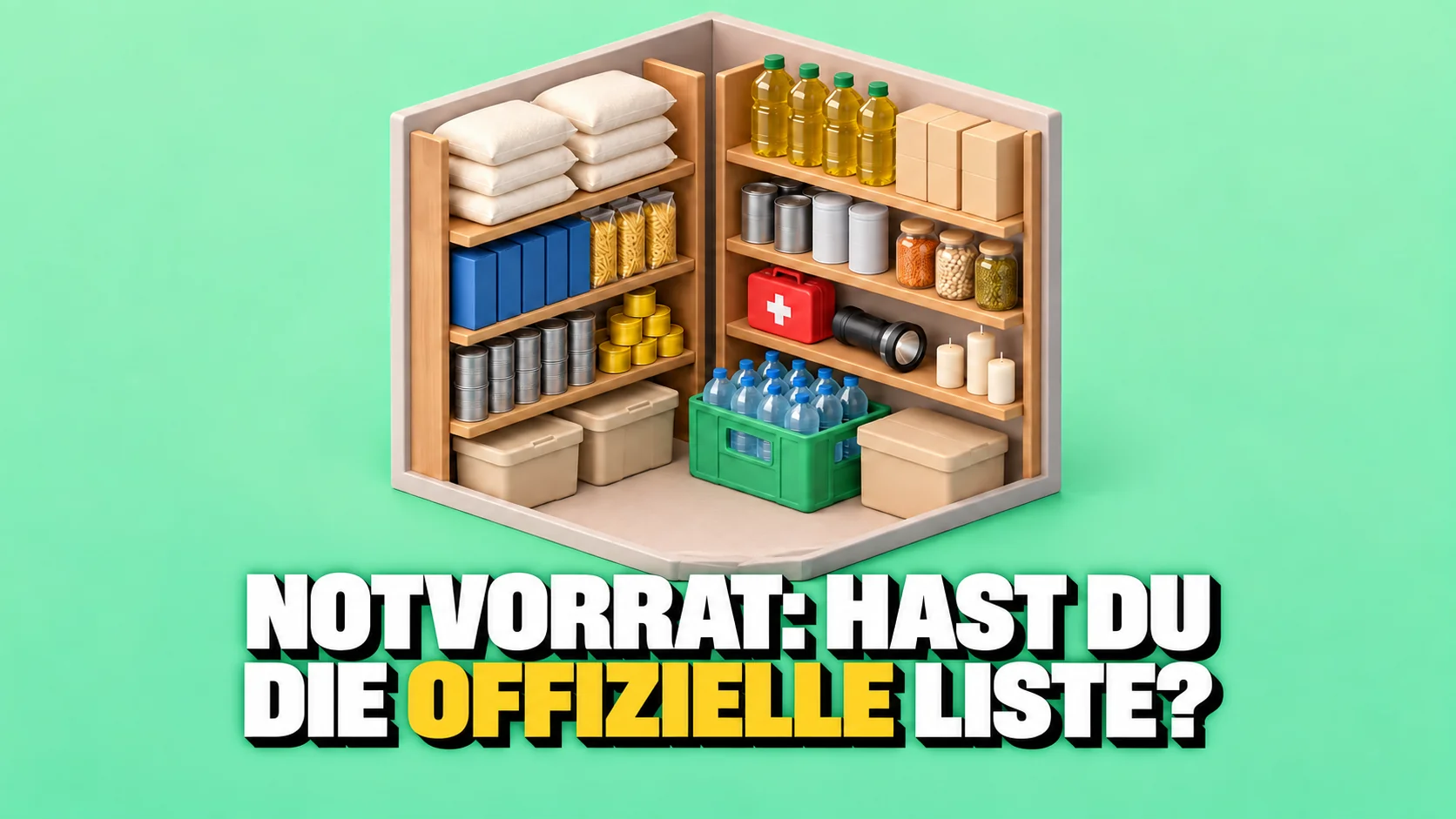 Miniaturvorratskammer mit Grundnahrungsmitteln, Wasser, Taschenlampe und Erste-Hilfe-Kasten.
