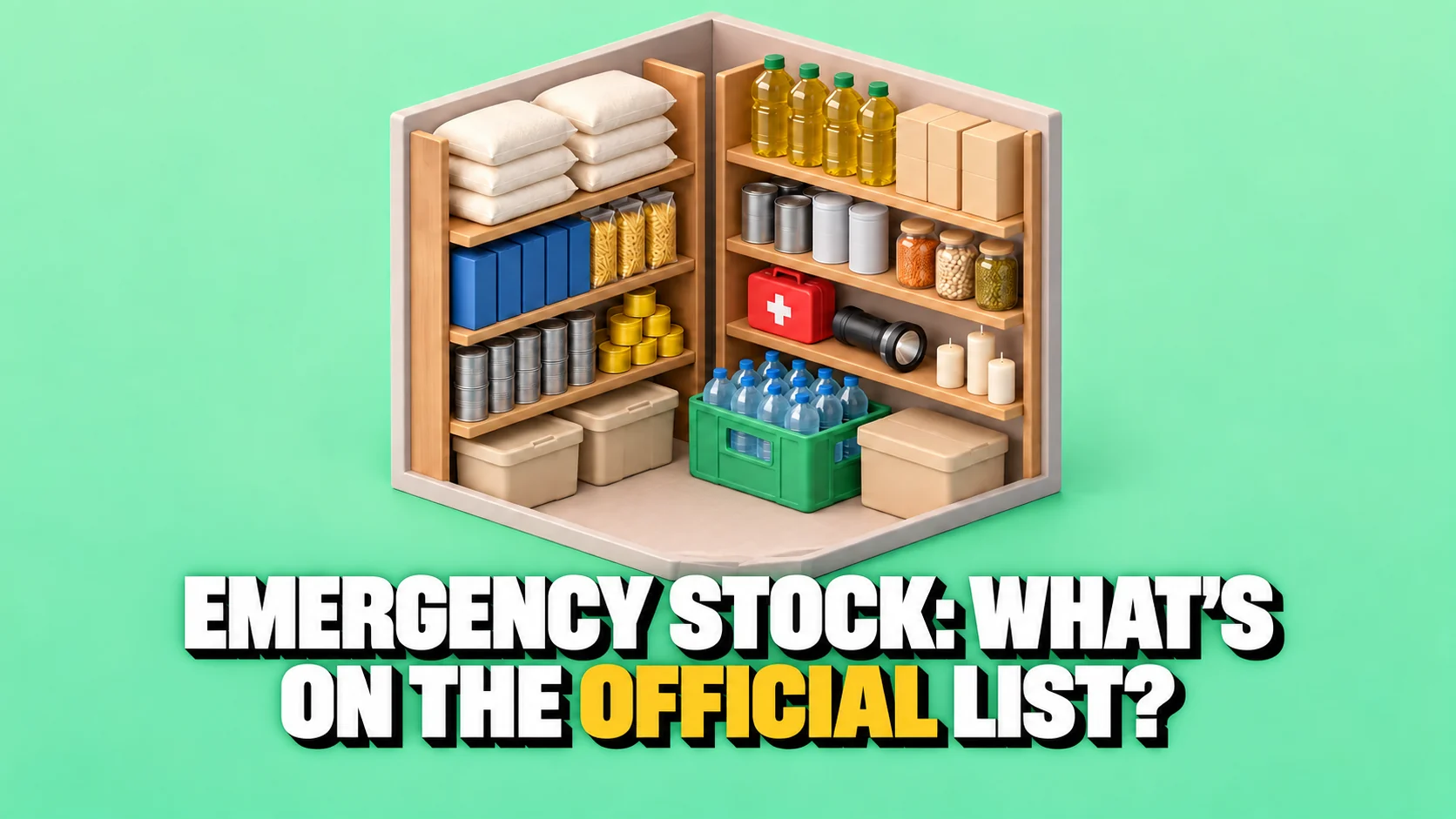 Miniature pantry with staple foods, water, a torch and a first-aid kit.