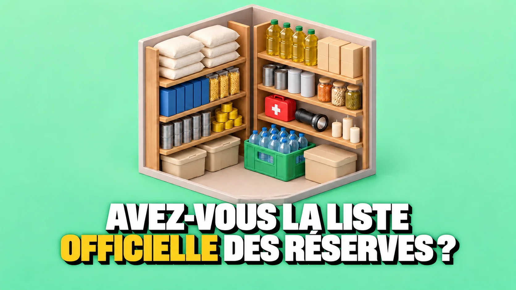 Garde-manger miniature avec aliments de base, eau, lampe et trousse de secours.