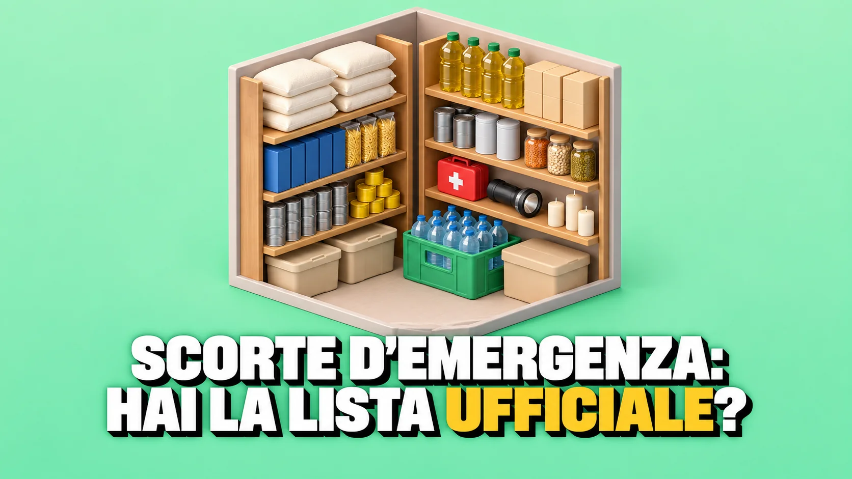 Dispensa domestica in miniatura isometrica: scaffali con riso, pasta, scatolette, olio, una cassa d'acqua, una torcia e una cassetta di pronto soccorso
