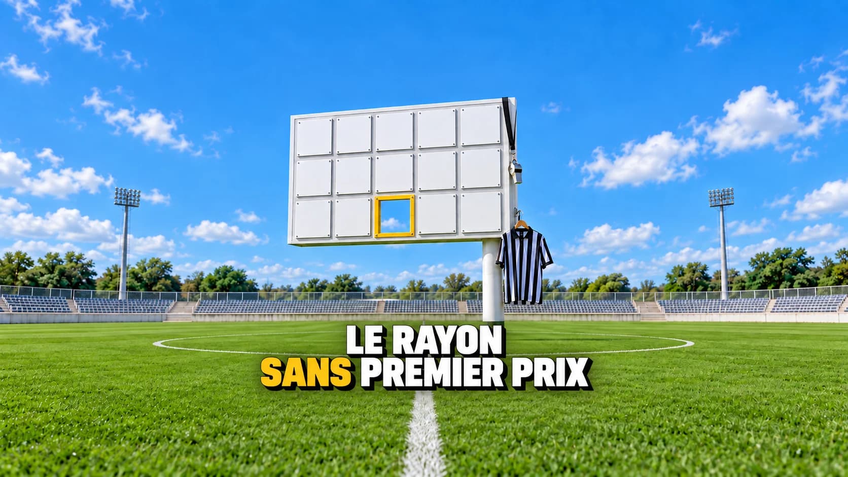 Tableau de stade aux panneaux blancs vides et une case manquante encadrée de jaune