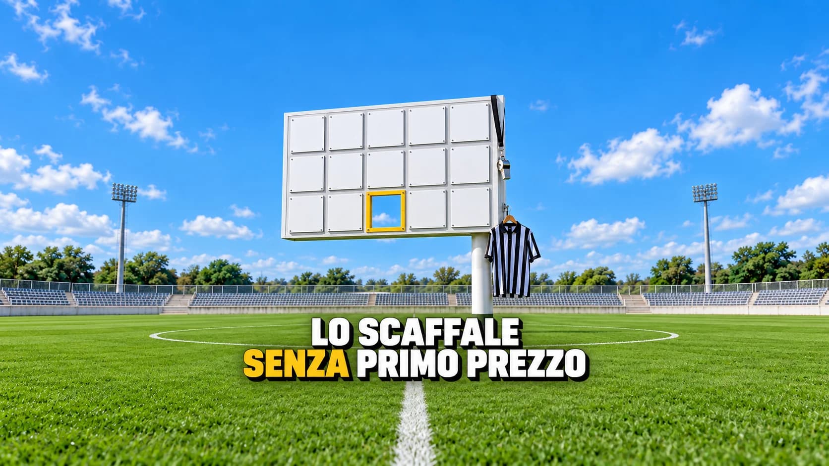 Tabellone da stadio con pannelli bianchi vuoti e una casella mancante incorniciata di giallo