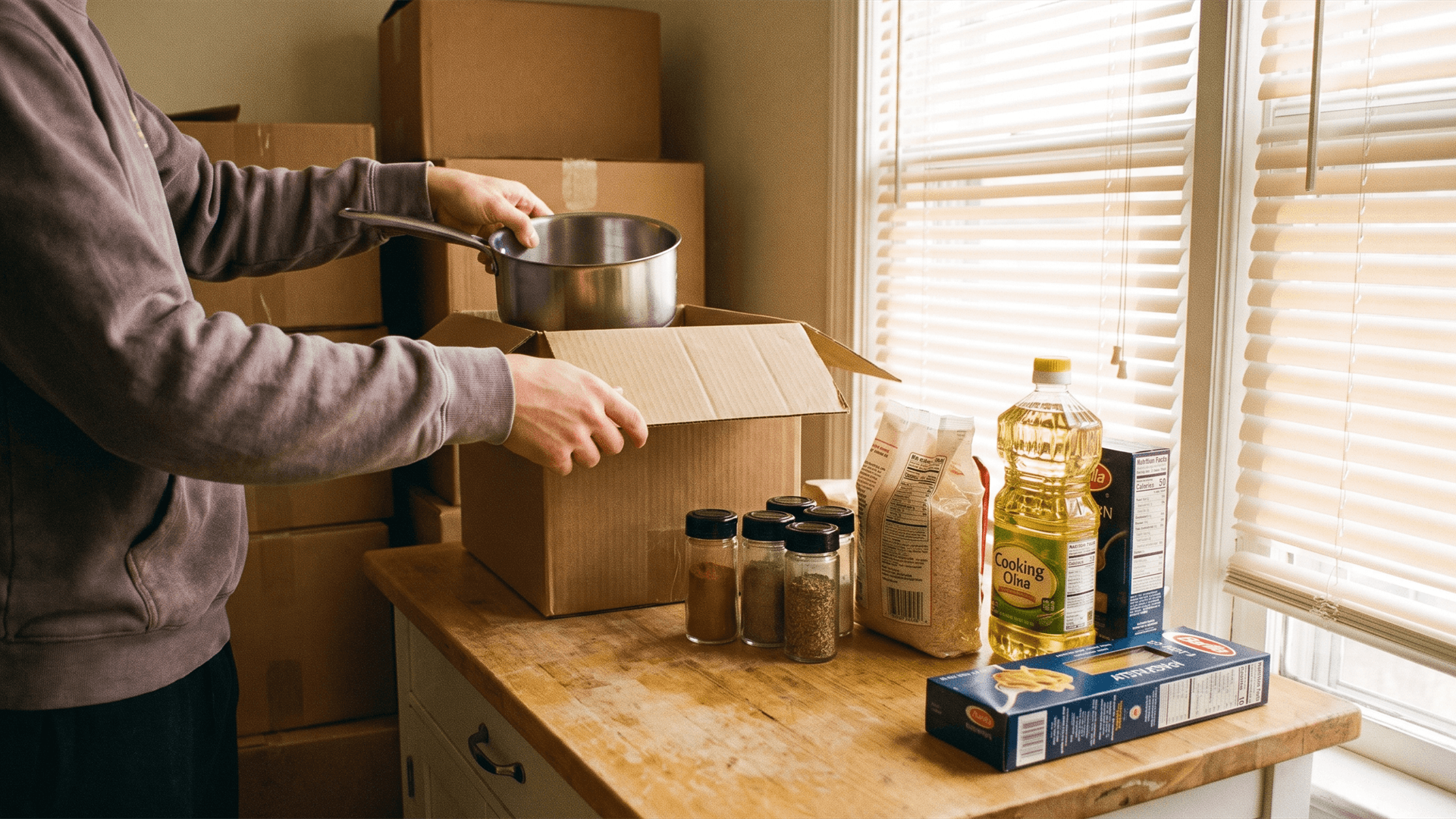 Première cuisine dans un appartement suisse le jour du déménagement: une poêle neuve, des pâtes, du riz et de l’huile sur le plan de travail, des cartons à moitié défaits derrière.