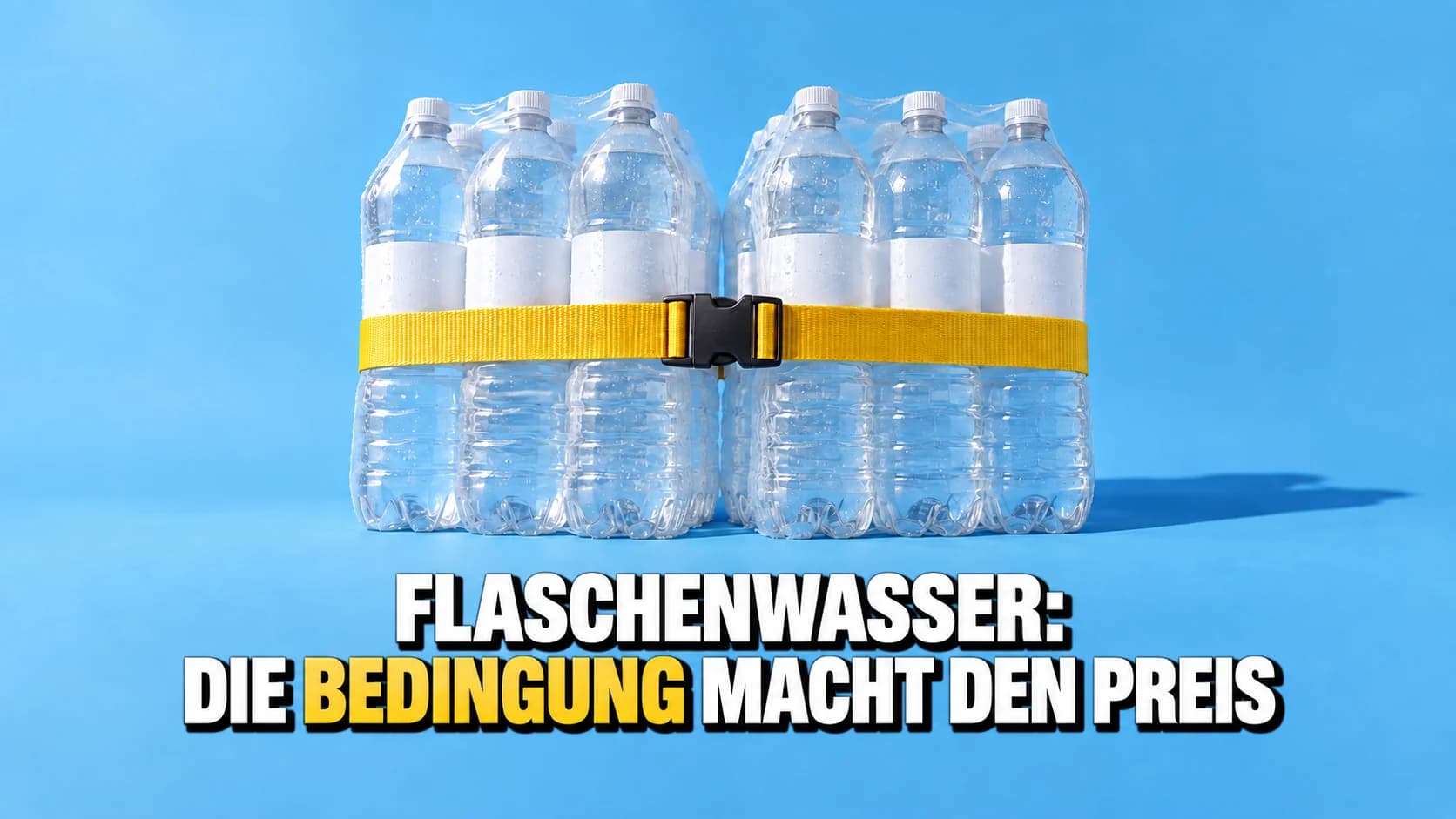 Zwei Sixpacks Wasserflaschen, mit einem gelben Gurt fest zusammengebunden