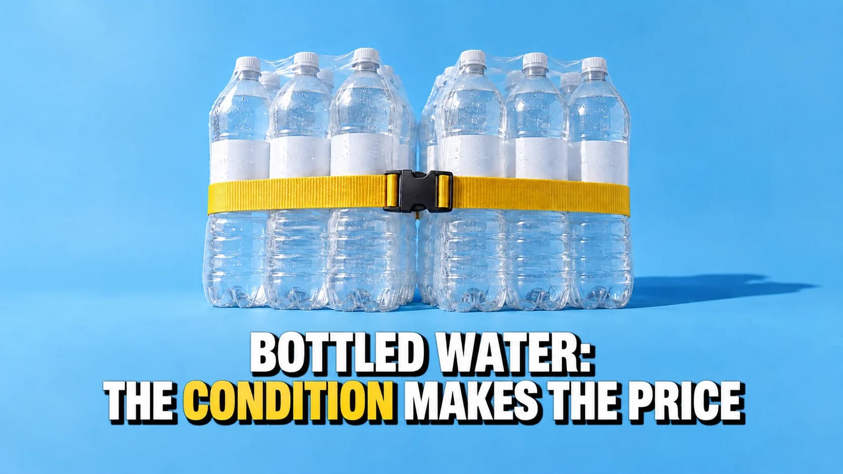 Two six-packs of water bottles strapped together with a yellow band