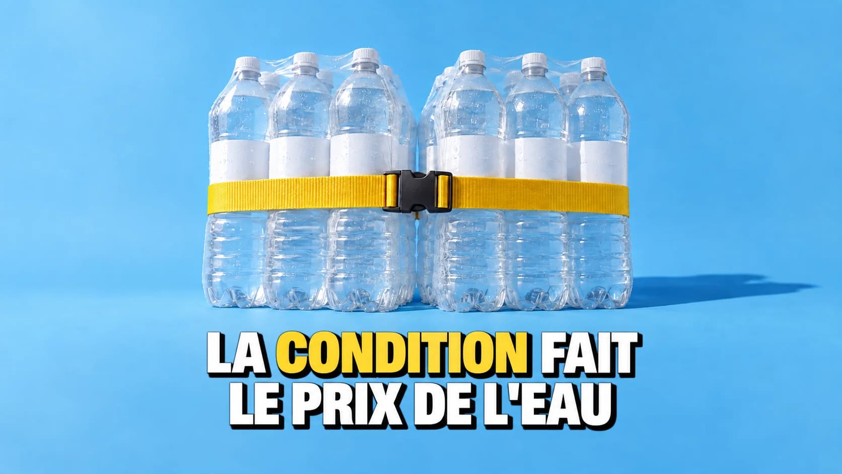 Deux packs de six bouteilles d’eau sanglés ensemble par une courroie jaune