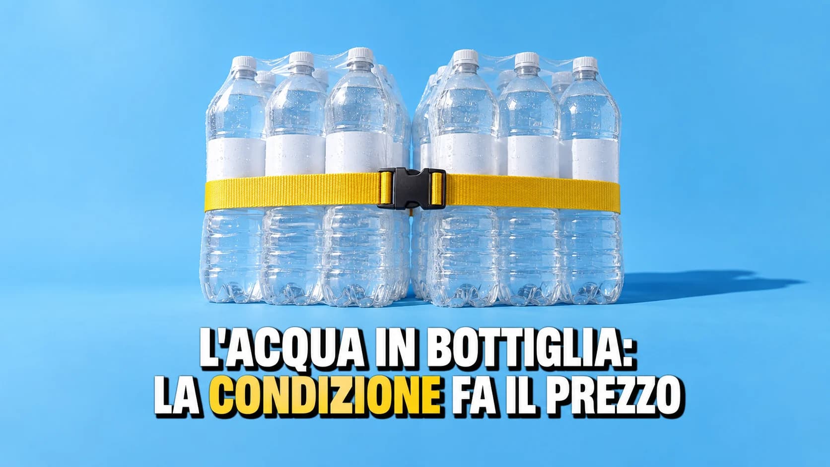 Due confezioni da sei bottiglie d’acqua legate insieme da una cinghia gialla