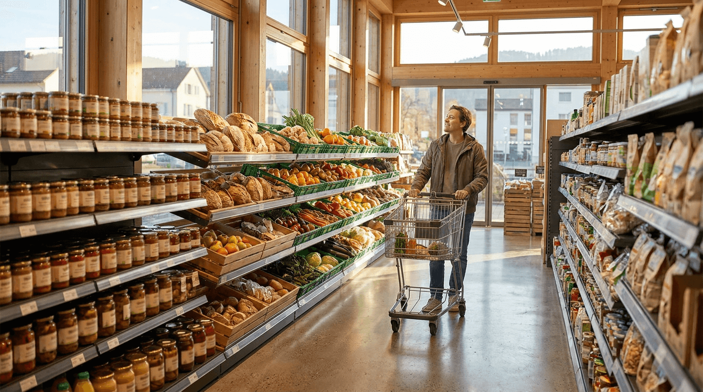 A newcomer with a shopping trolley exploring a bright, welcoming Swiss supermarket aisle full of fresh groceries