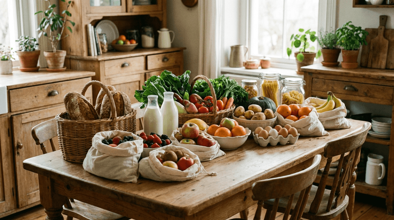 A generous family grocery haul on a kitchen table: family food budget in Switzerland, with the saving levers and the price comparison in Rappn.