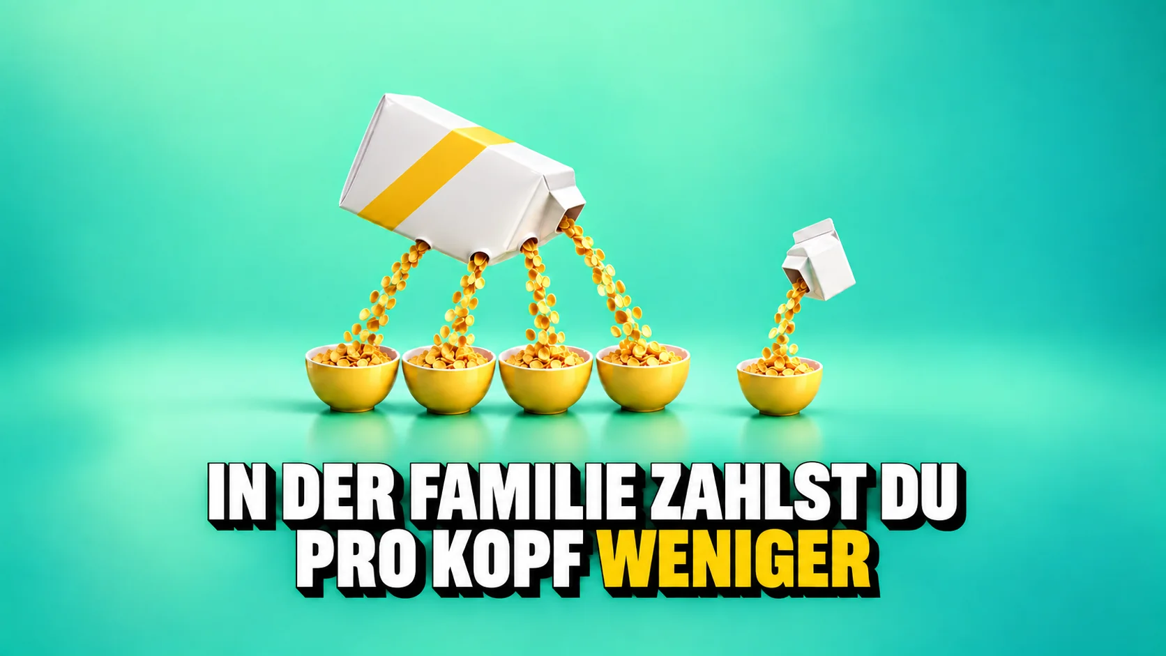 Vier gruppierte Schalen und eine einzelne mit neutralen Müesli- und Milchpackungen.