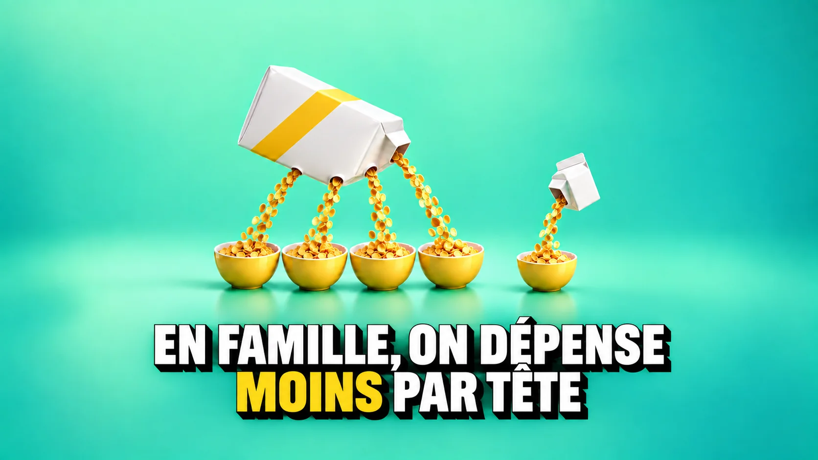 Quatre bols groupés et un bol séparé avec emballages neutres de céréales et de lait.