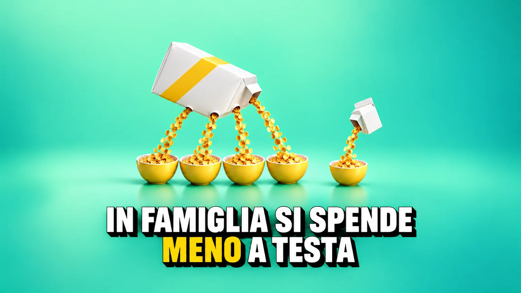 Quattro ciotole raggruppate e una separata con confezioni anonime di cereali e latte.
