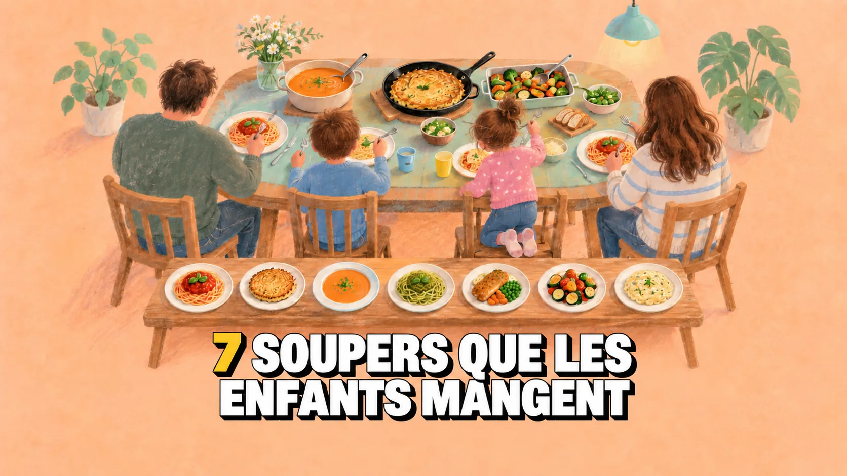 Illustration au pastel d’une famille à table vue de dos, avec sept assiettes alignées