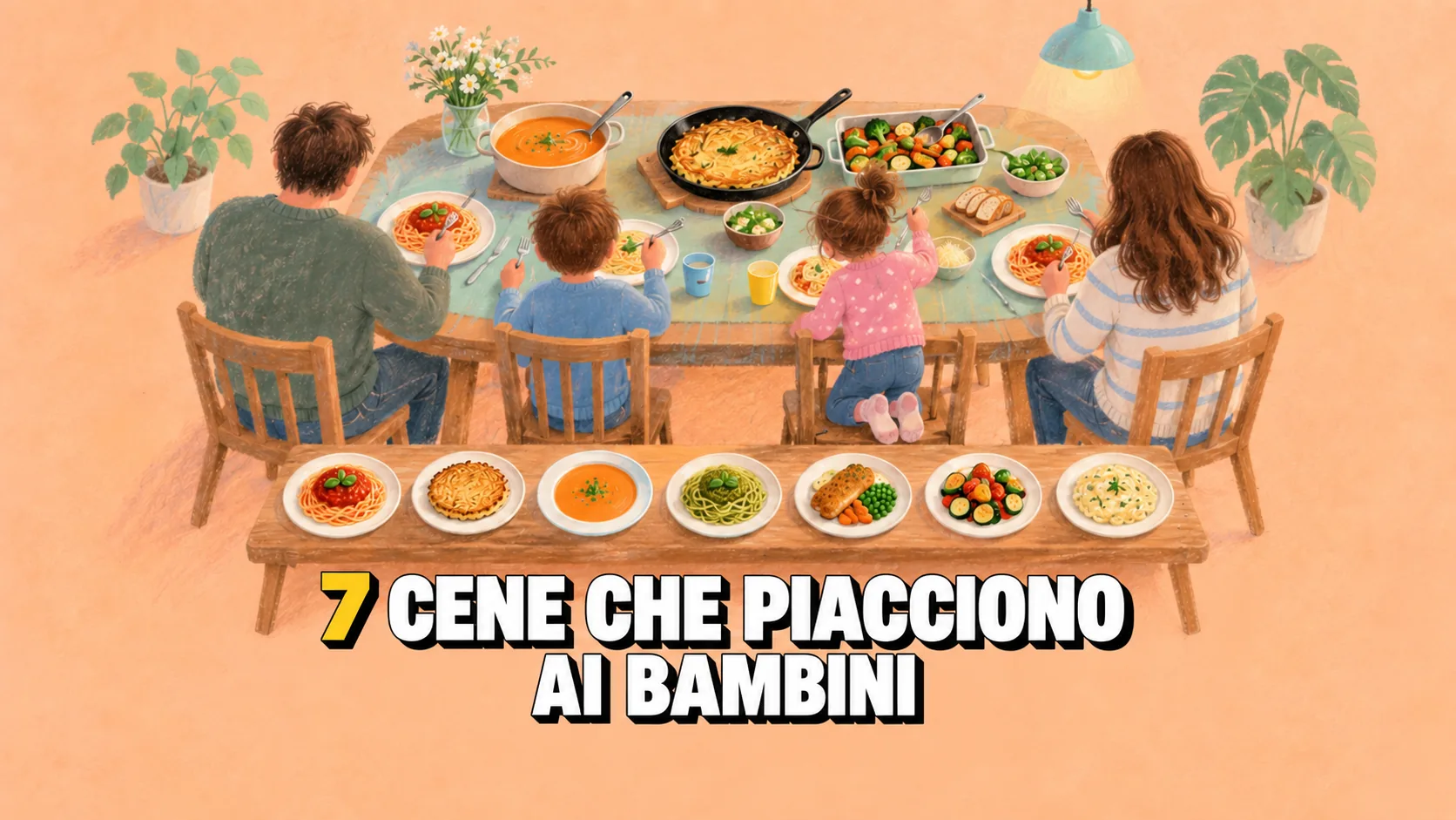 Illustrazione a pastello di una famiglia a tavola vista di spalle, con sette piatti in fila