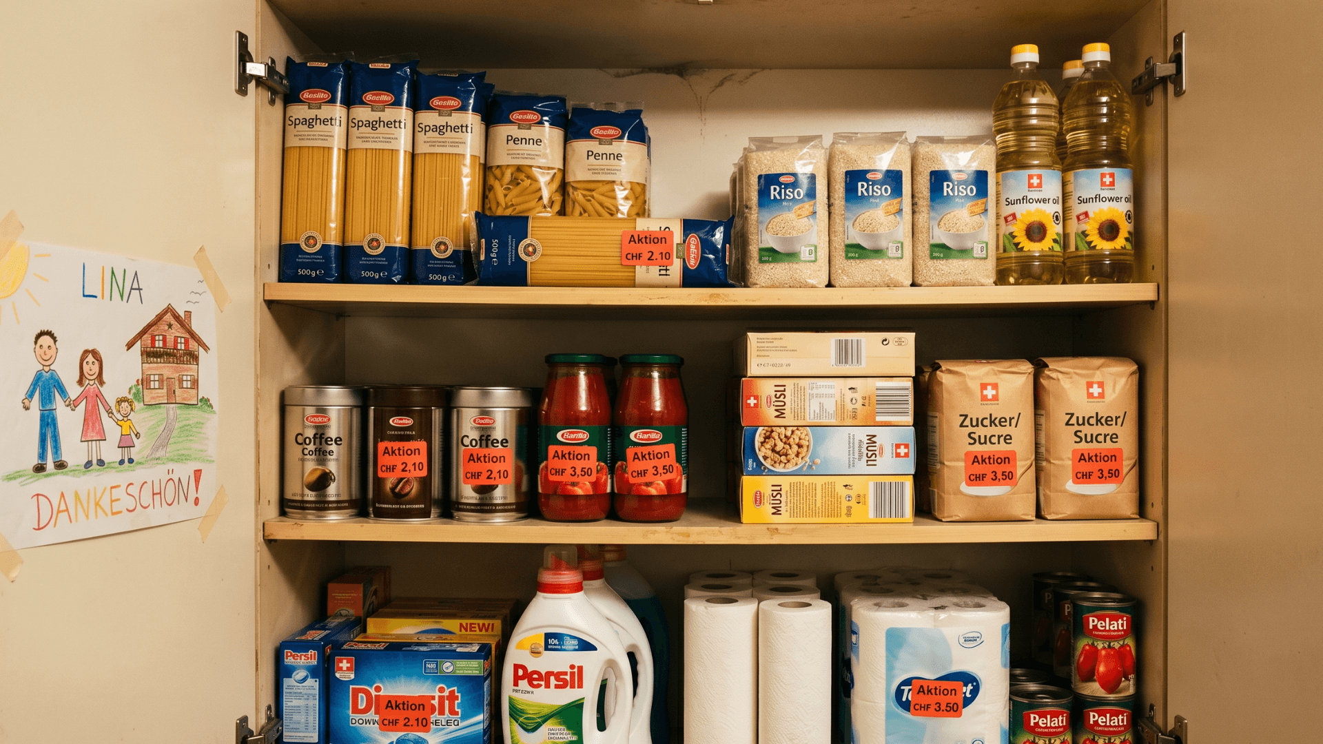 Swiss family of four at grocery checkout — CHF 1,500 to 2,000 monthly budget reference