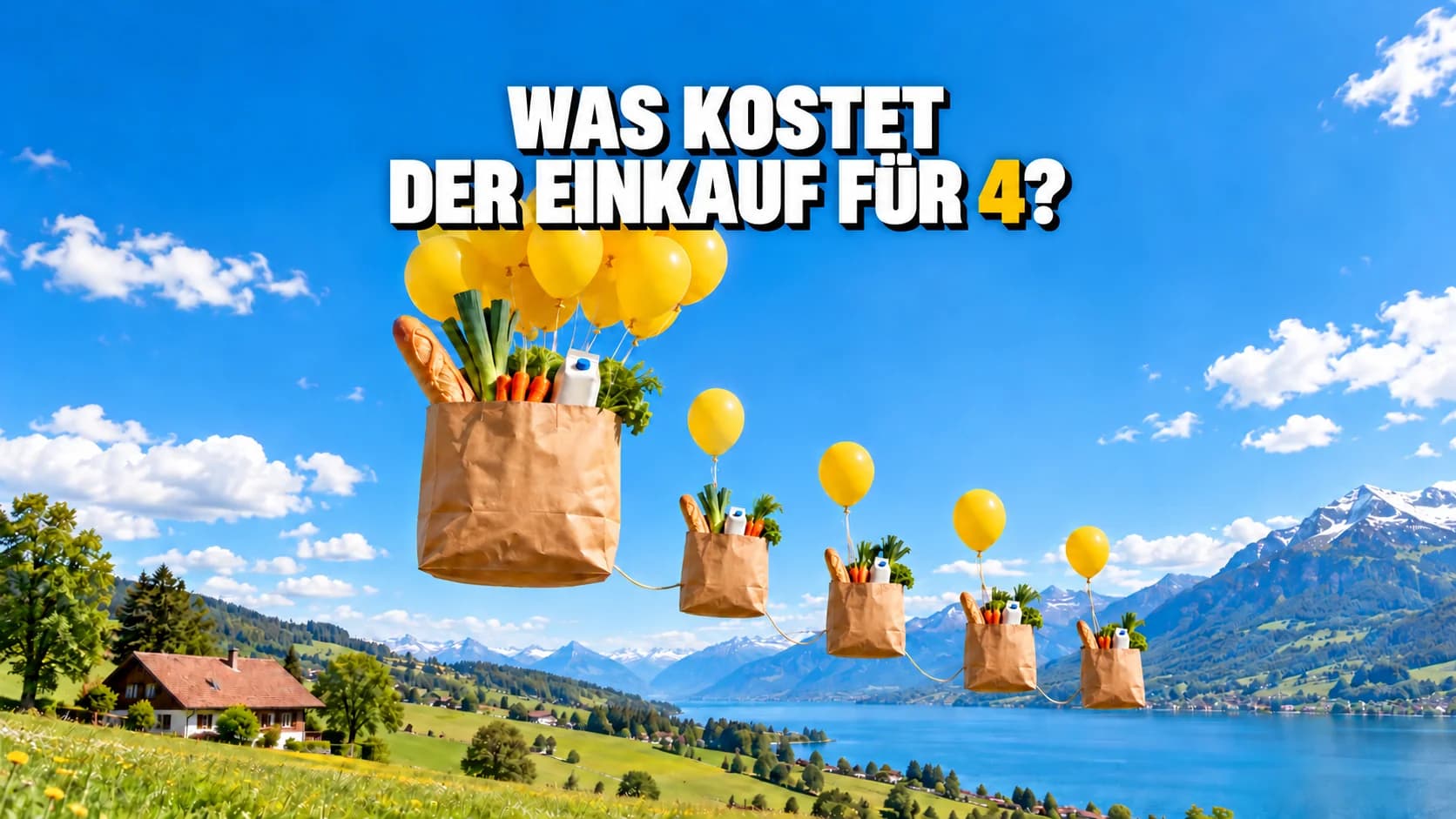 Eine grosse Einkaufstüte schwebt an gelben Ballons, darunter hängen vier kleinere Tüten.