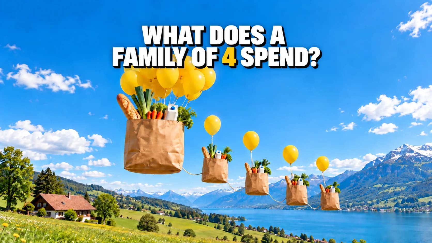 A large grocery bag floats beneath yellow balloons, with four smaller bags hanging below.