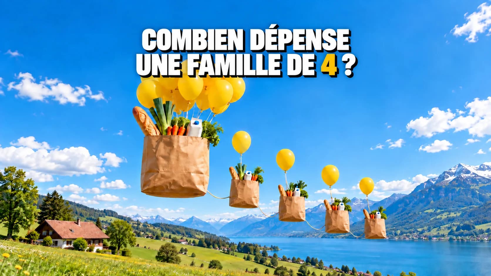 Un grand sac de courses flotte sous des ballons jaunes, avec quatre petits sacs suspendus dessous.