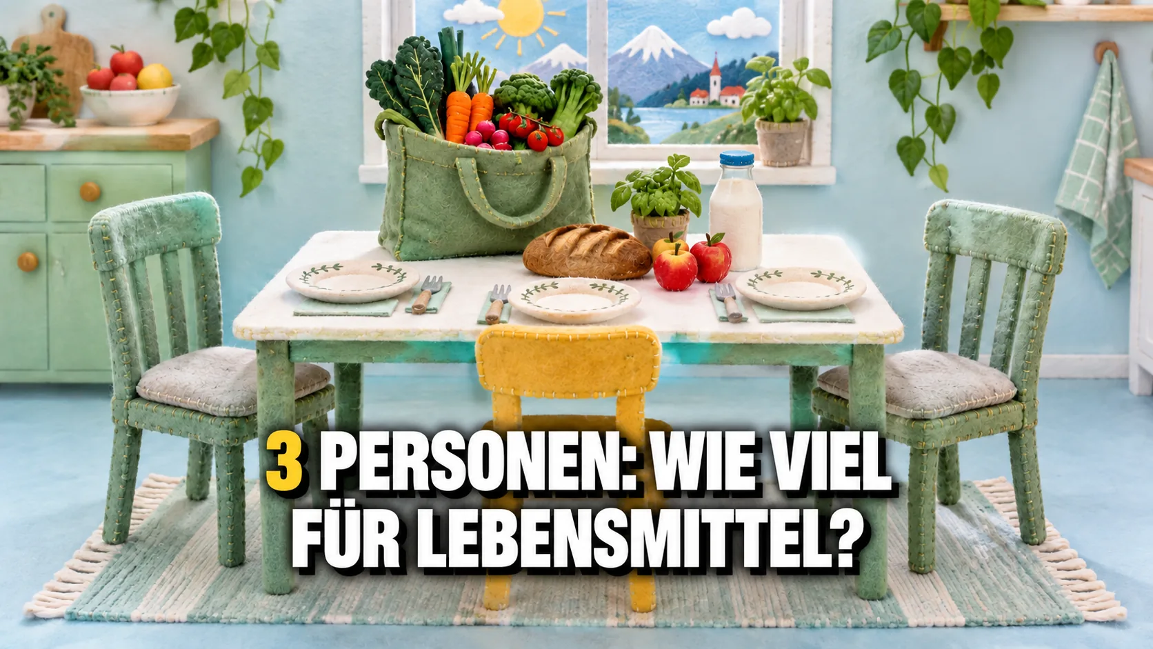 Filzszene: ein Tisch mit drei Tellern, zwei grossen Stühlen und einem kleinen gelben Stuhl, dazu eine volle Einkaufstasche