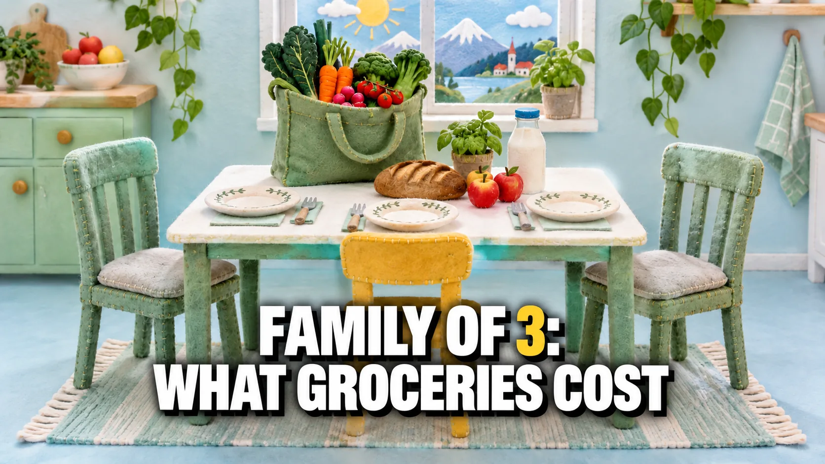 Felt scene: a table with three plates, two large chairs and a small yellow chair, and a full grocery bag