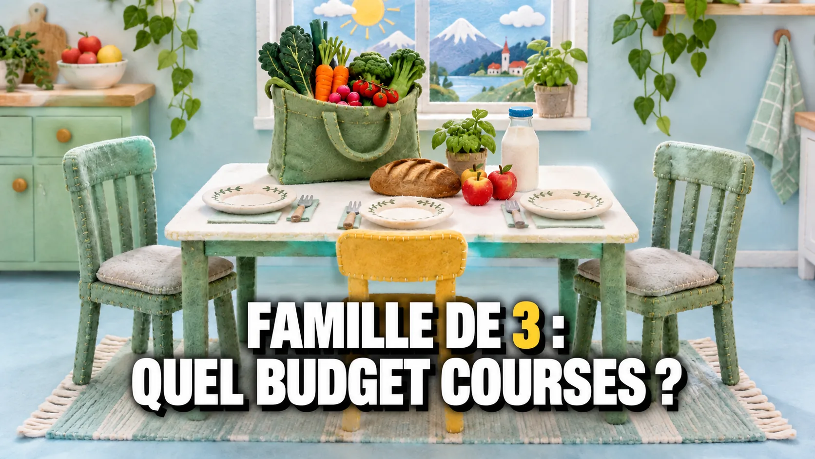 Scène en feutre, une table avec trois assiettes, deux grandes chaises et une petite chaise jaune, et un sac de courses plein