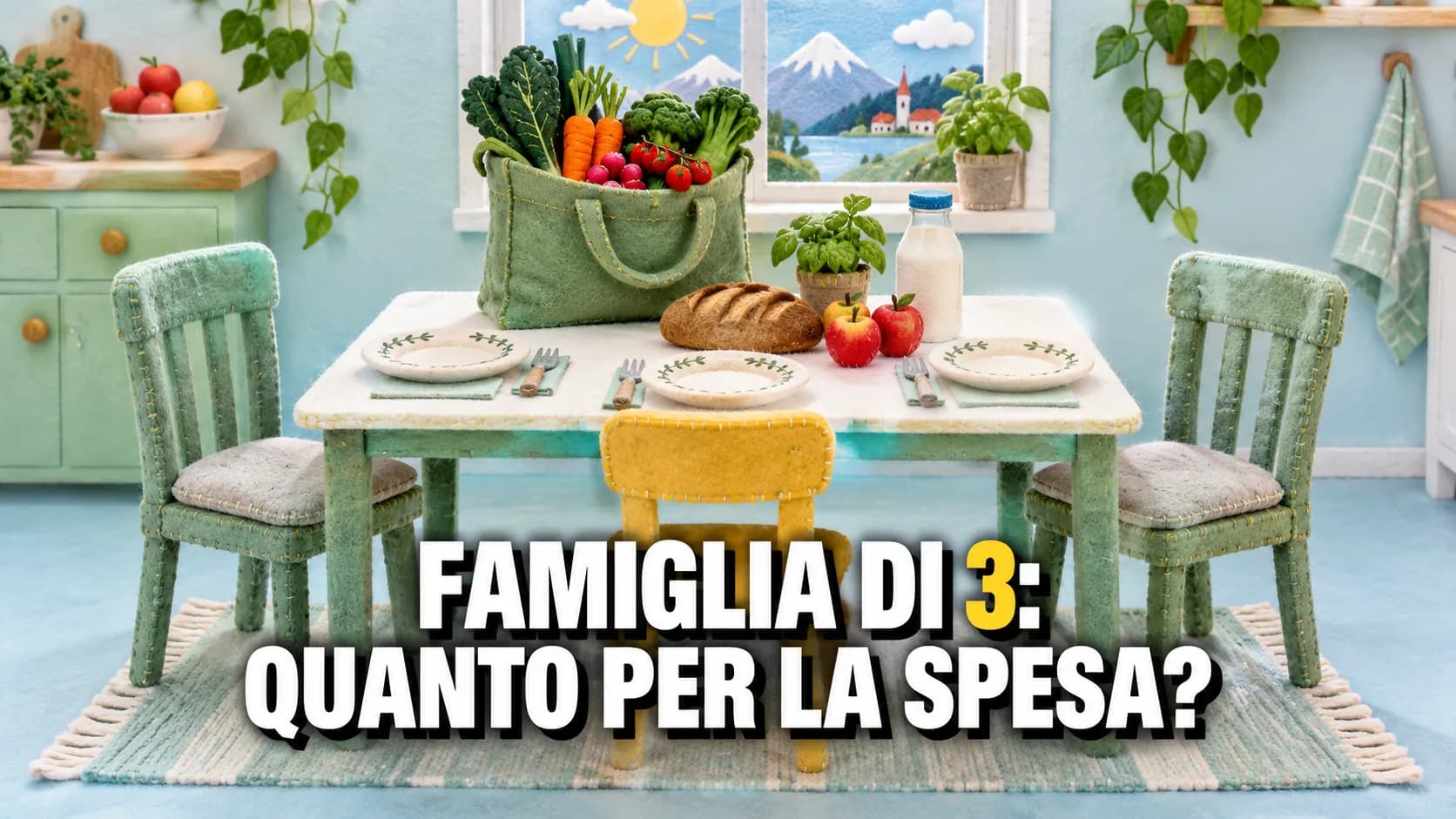 Scena in feltro: un tavolo con tre piatti, due sedie grandi e una piccola gialla, e un sacchetto della spesa pieno