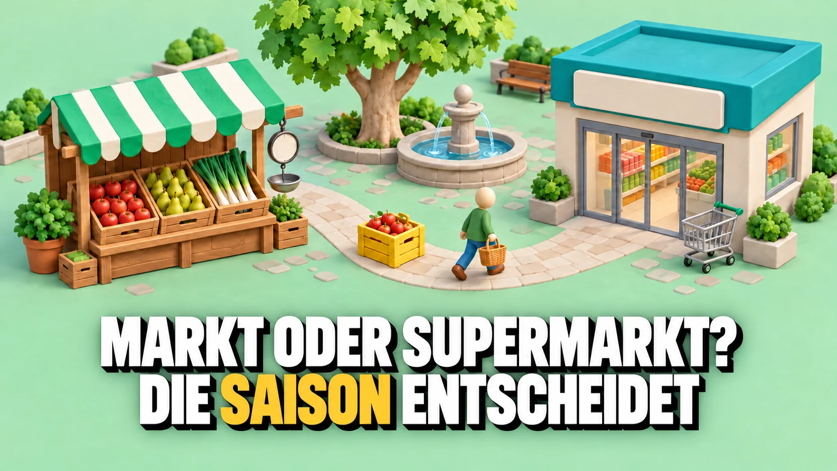 Knet-Diorama mit Marktstand und Laden, verbunden durch einen Weg mit gelber Apfelkiste.