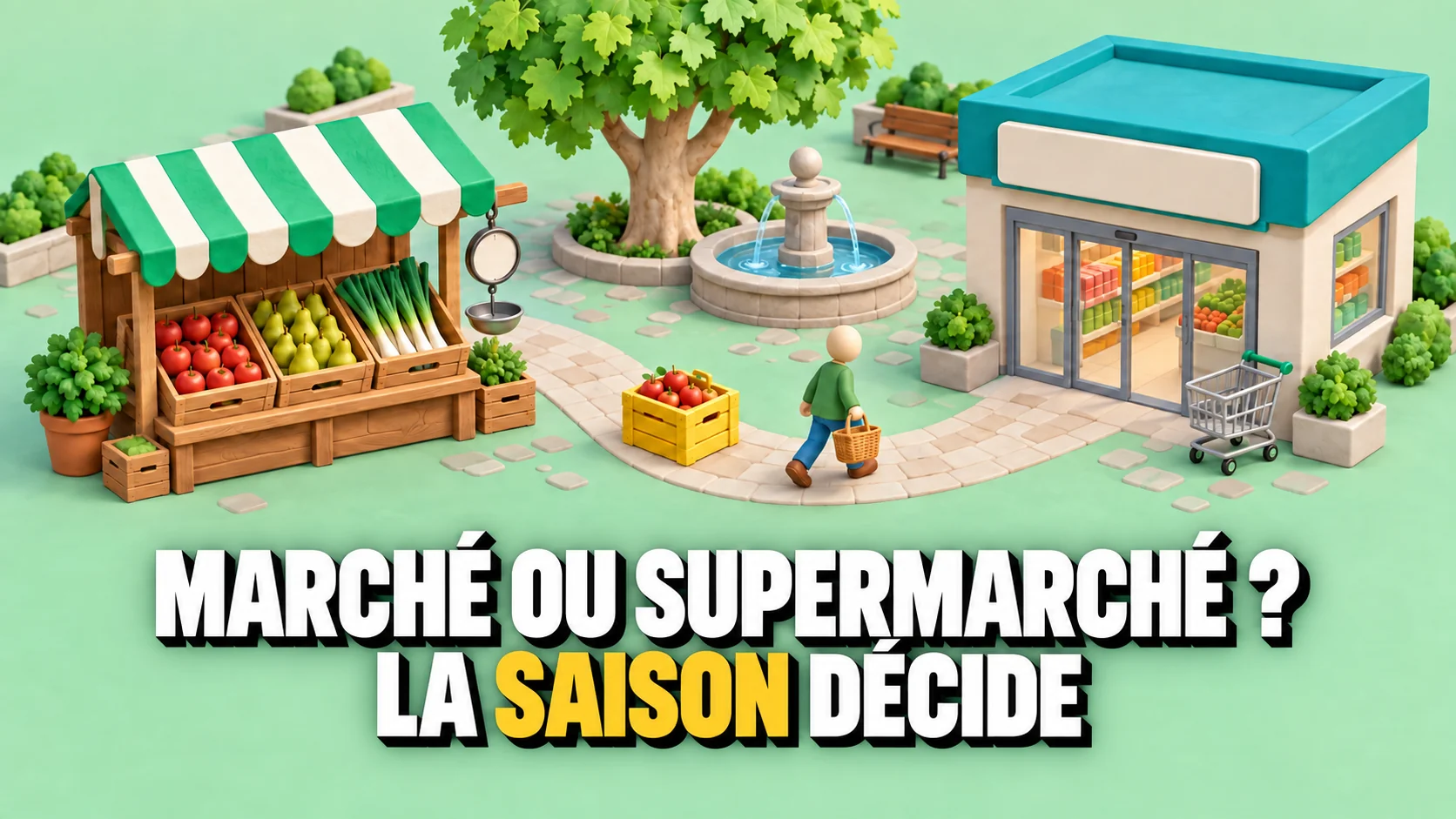 Diorama avec étal de marché et boutique, reliés par un chemin et une caisse jaune.