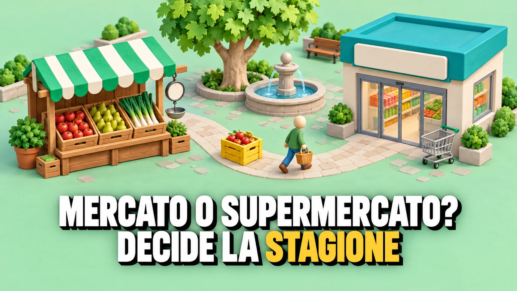 Diorama isometrico in plastilina di una piazza: a sinistra una bancarella con casse di frutta, a destra un piccolo negozio, e una cassa gialla di mele a metà del sentiero
