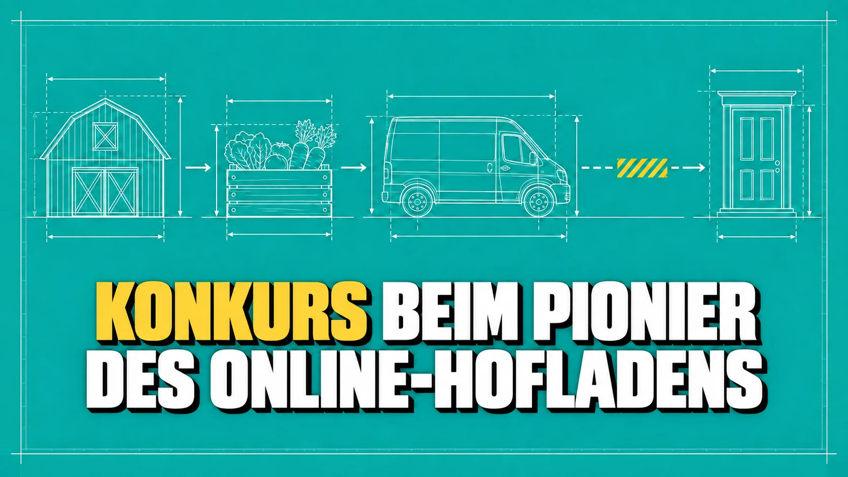 Technische Zeichnung von Hof, Gemüsekiste, Lieferwagen und Haustür mit unterbrochener Verbindung.